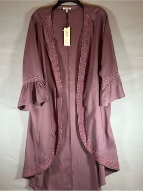 MPH Collections Womens Kimono Cardigan With Solid Fabric Sleeves 2x Mauve